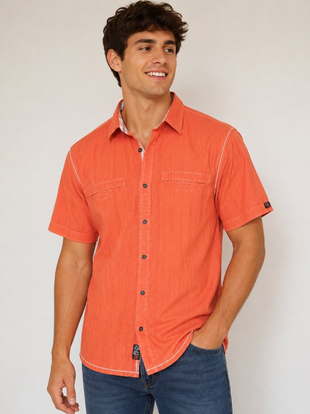 Point Zero Orange Label Men’s L Short Sleeve Button Up Shirt Coral Orange